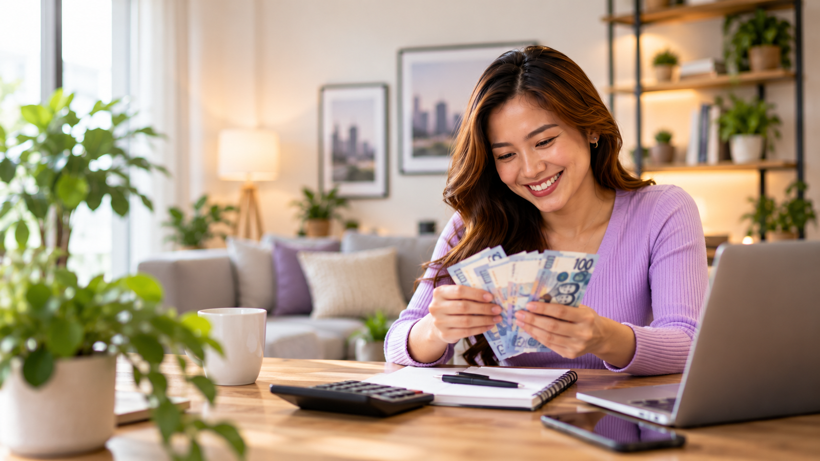 Filipino woman smiling while counting Philippine pesos and planning her finances at home.