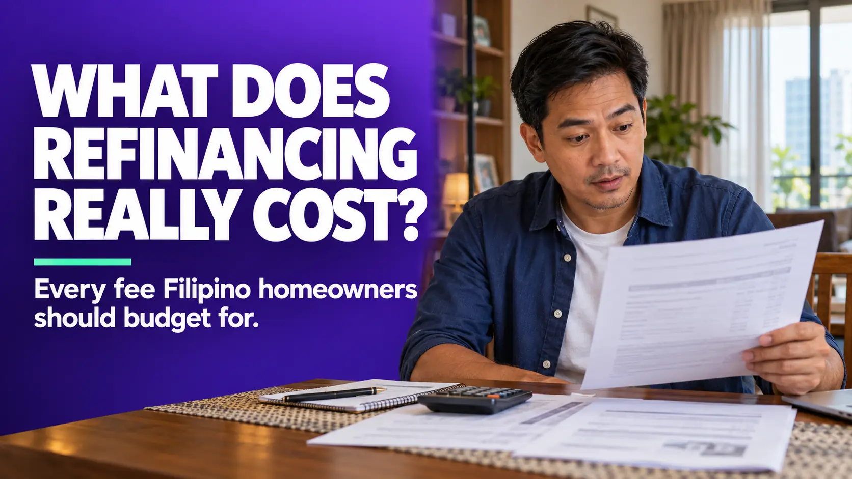 Filipino homeowner reviewing the fees involved in refinancing