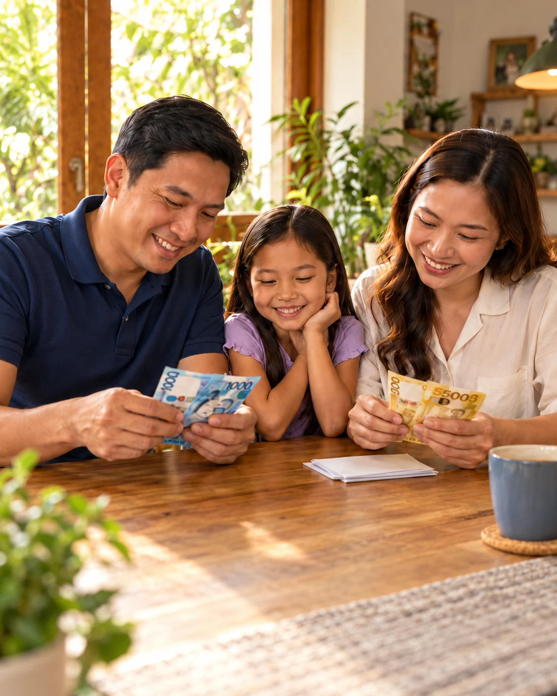 Filipino parents counting peso savings together with their daughter at home.