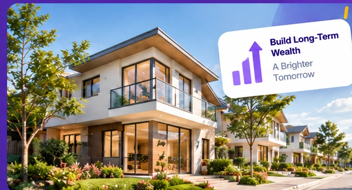 Modern two-storey residential property with a long-term wealth illustration