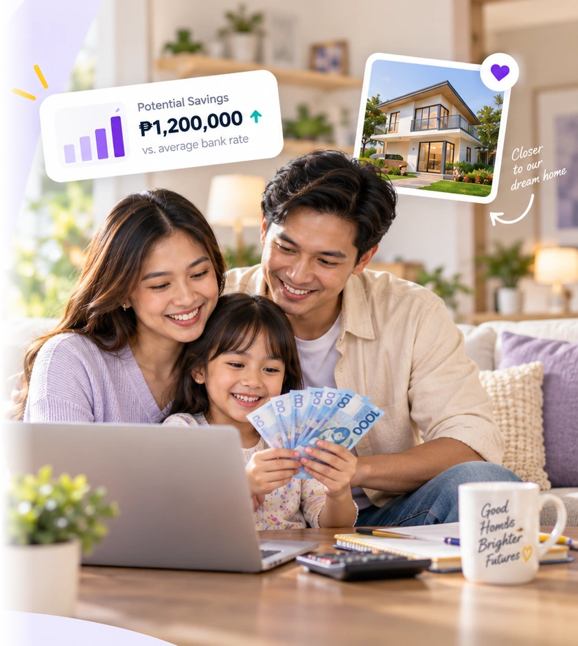Filipino family reviewing home finances with an illustrated potential savings card and dream home.