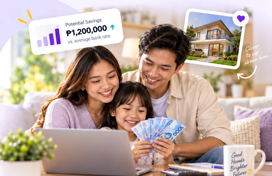 Happy Filipino family reviewing home finances together, with savings and dream-home illustrations.