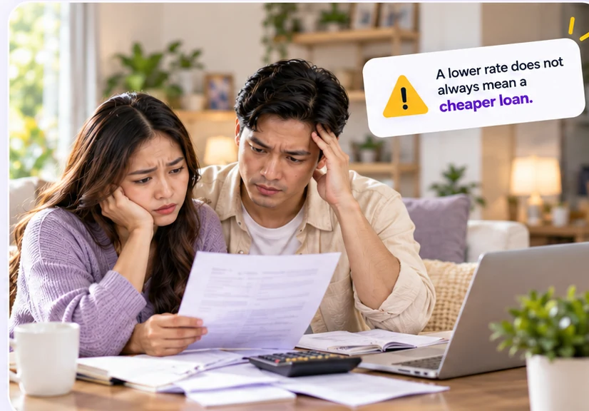 Concerned Filipino couple reviewing their home loan paperwork, with a warning that a lower rate is not always cheaper.