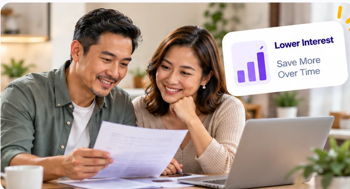 Filipino couple reviewing home-loan documents together, with an illustration about lower interest